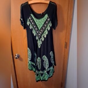 Elegant Black and Green Women's Boho Batik Embroidered Dress. One Size.